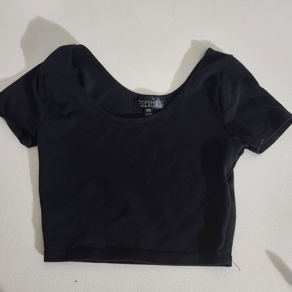 Topshop Crop Shirt Womens Small Black Short Sleeve Scoop Neck Stretch Cotton UK8